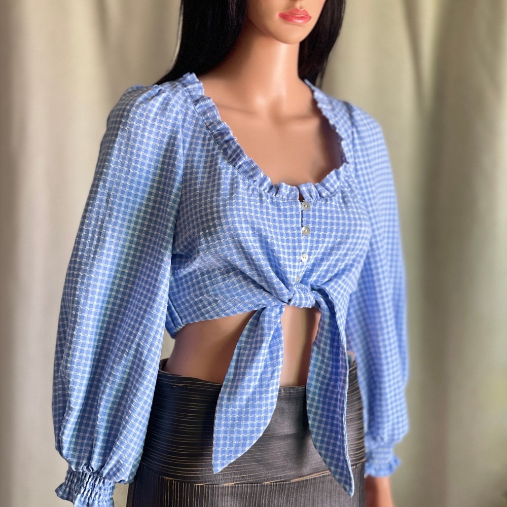 Blue Gingham Tie Front Crop Top Puff Sleeve Coquette Prairie Cottagecore Boho S